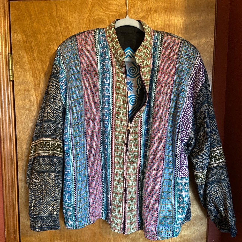 Embroidered Reversible Zip Jacket with Indigo Block Print & Stitchwork